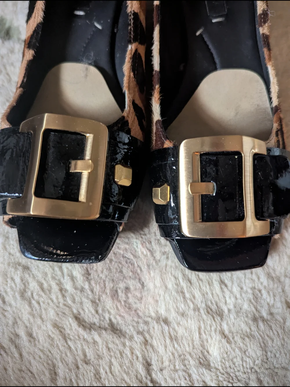 BCBGMaxAzria Leopard-Print Flats with Black Patent & Gold Buckle